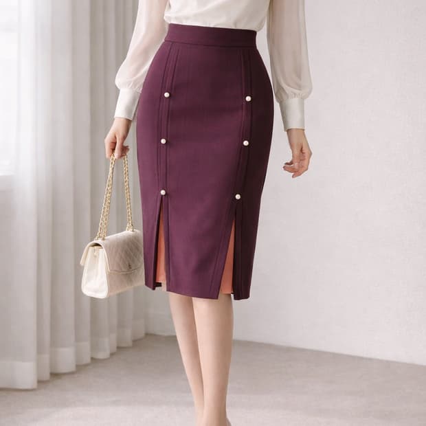 질스튜어트뉴욕 버건디 진주버튼 슬릿 스커트 56cm H라인 정장 출근룩
