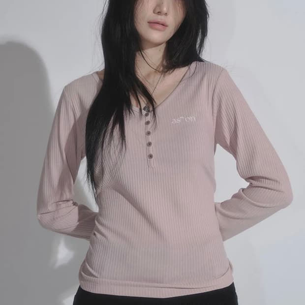 애즈온 위시티 핑크 WISH RIBBED BUTTON TEE