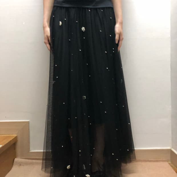 빈티지 블랙 레이스 펄 롱 스커트