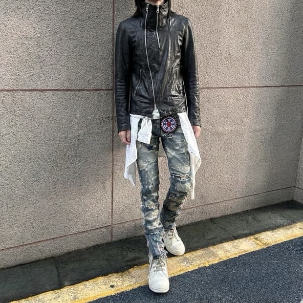 타케시쿠로사와 / 비대칭 더블집업 하이넥 레더 자켓