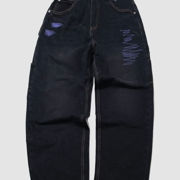 스티치 포인트 벌룬 데님 워싱 팬츠 (흑청)