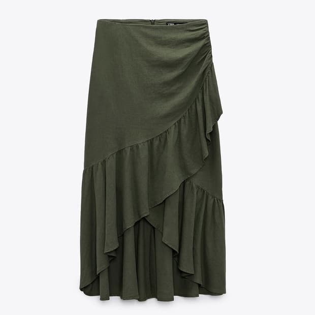ZARA 자라 리넨 러플 미디 스커트 카키