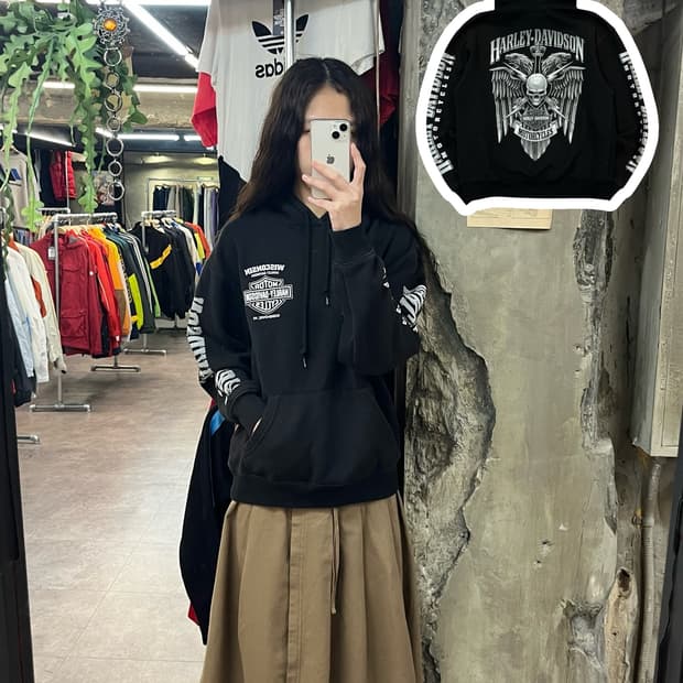 할리데이비슨 프린팅 후드티 블랙 S #csz1752