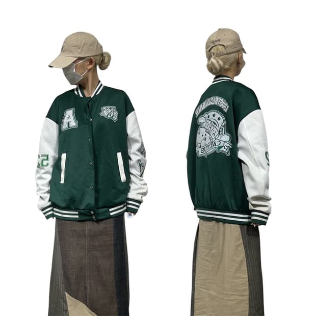 일본 빈티지 그린 오버핏 바시티 자켓 점퍼 L