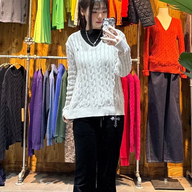 S 폴로랄프로렌 그레이 브이넥 케이블 니트