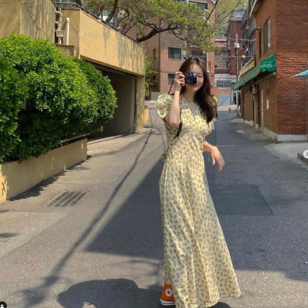 강민경 옐로우 맥시롱 원피스 free 55추천   