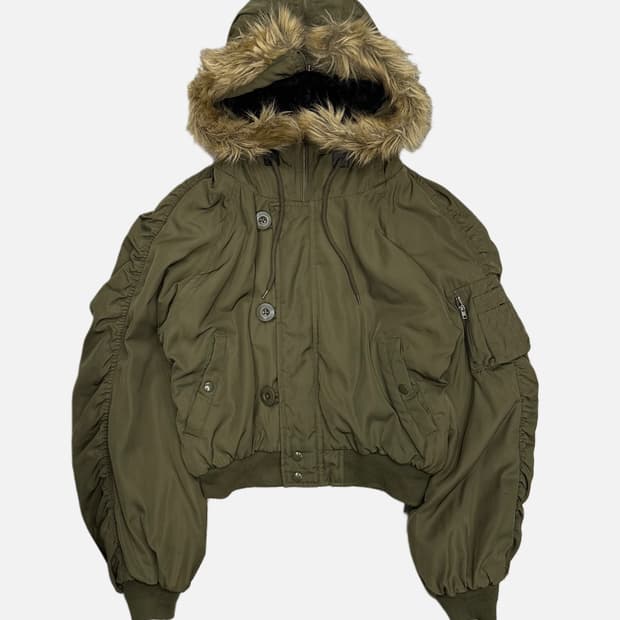 khaki crop fur hood bomber