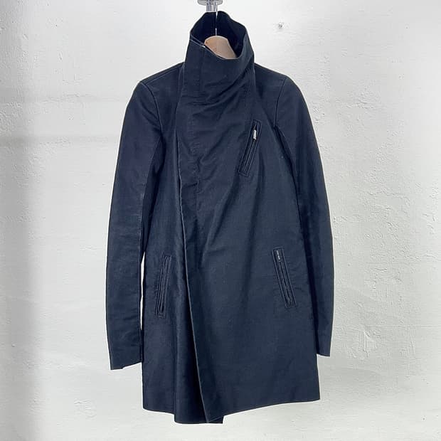 릭 오웬스 09fw 블랙 언발란스 사선 풀 집업 코트