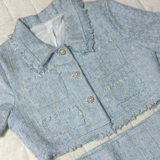 소라색 크롭 트위드 자켓 치마 투피스 세트 M