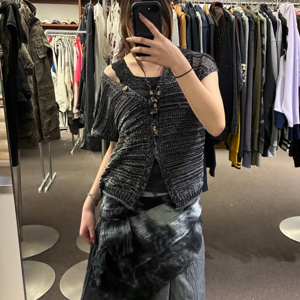 LL)Japanese vintage 여성 반팔 그물 니트 가디건