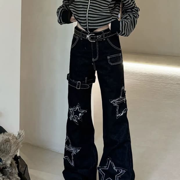 스타 패치 크로스 데님 팬츠 