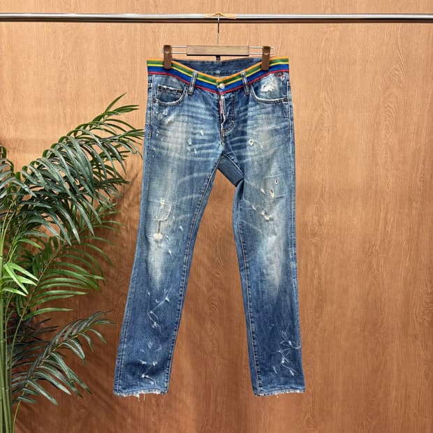 디스퀘어드 2 데님 팬츠 빈티지 디스트로이드 레인보우 밴딩 디테일 블루