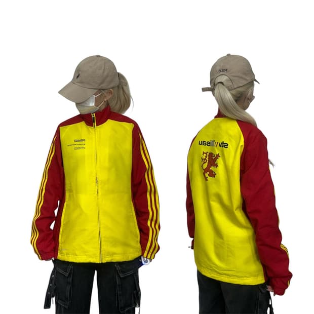 아디다스 레드 옐로우 삼선 빅 로고 올드스쿨 바람막이 자켓 M