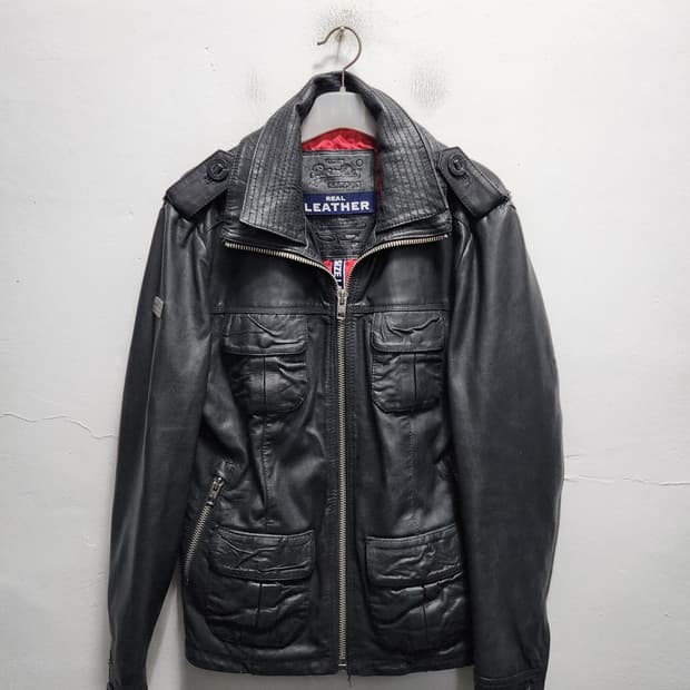 슈퍼드라이 리얼레더 스틸로고 가죽자켓 L