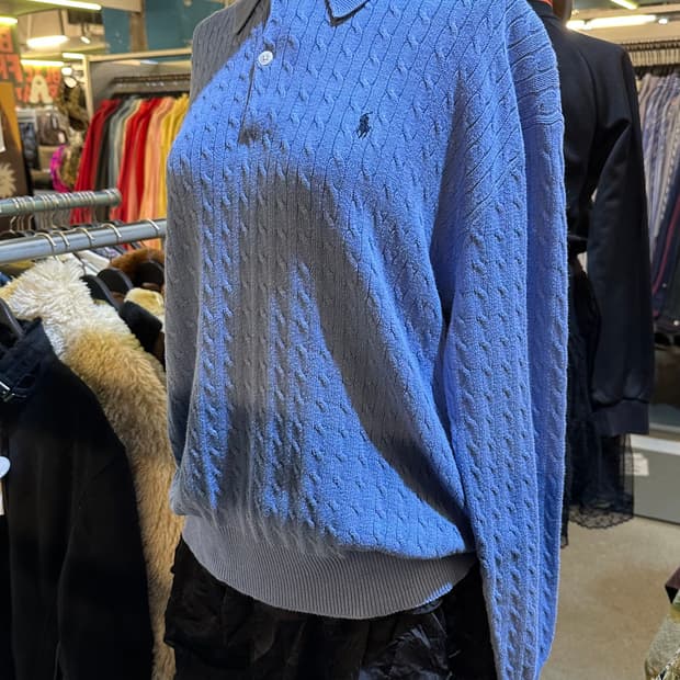 POLO 폴로 블루 케이블 카라넥 니트