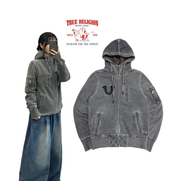 트루릴리전 Y2K 스톤워싱 성조기 빅로고 후드집업