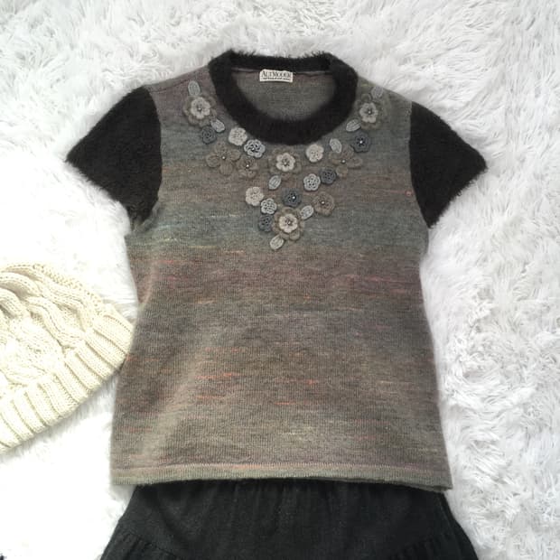 일본빈티지 플로럴 자수 하프 니트