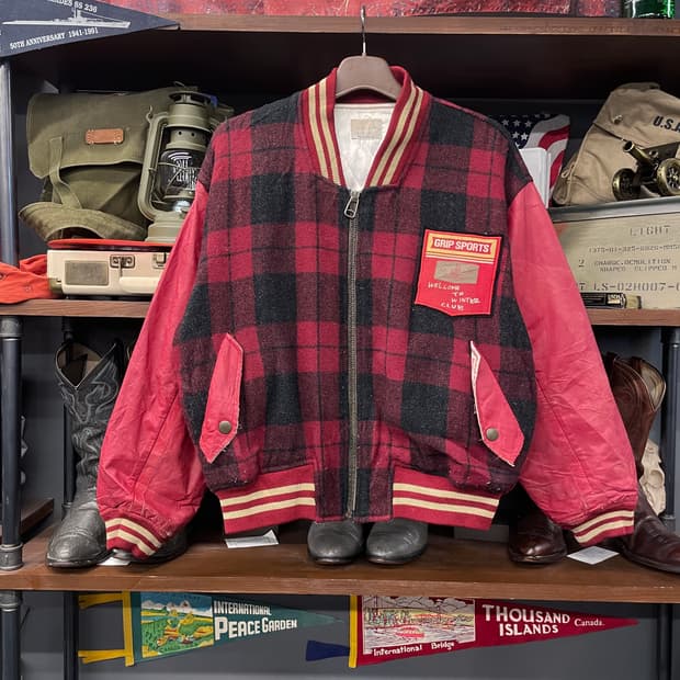 90s GRIP 스포츠 체크 레더 암 바시티 자켓