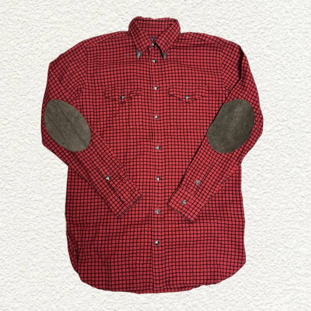 폴로 랄프로렌 실버 버튼 레드 체크 셔츠 M 스웨이드 패치 