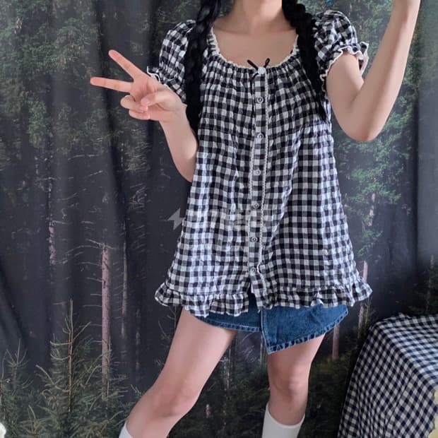 모리 빈티지 깅엄체크 블라우스