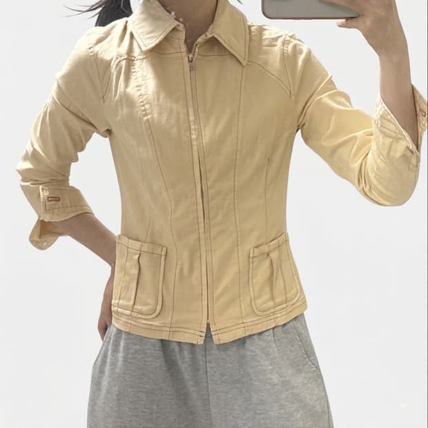 빈티지 레몬 버터 레드 스티지 카라 자켓