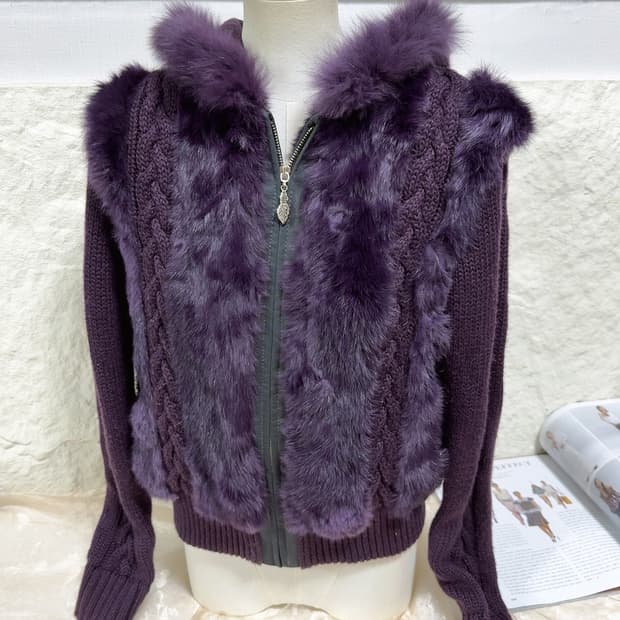 빈티지 다크 나이트 퍼플 여우털후드 토끼털 꽈배기 니트자켓 후드집업