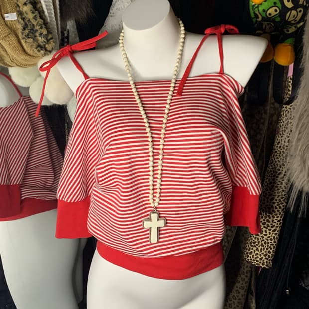 y2k 레트로 레드 단가라 오프숄더 탑