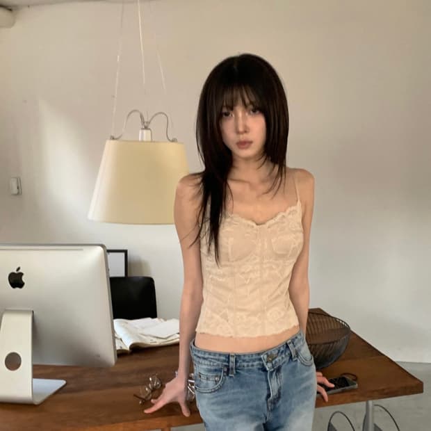 미뮤즈씨 지그재그 에이블리 히팅 코르셋 슬리브리스 나시 핑크베이지