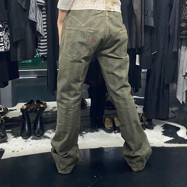 Edwin 카키 스트라이프 코튼 팬츠