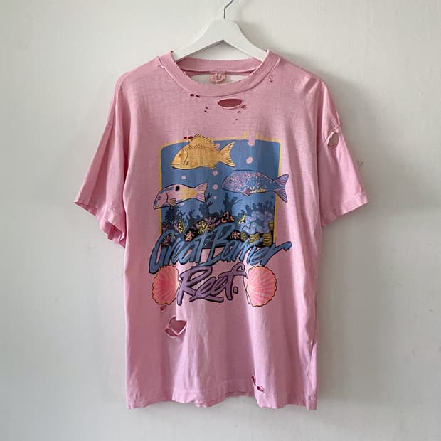 80s 빈티지 핑크 다잉 디스트로이드 반팔 티셔츠