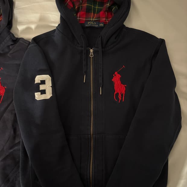 폴로 빅포니 네이비 체크 후드집업 s