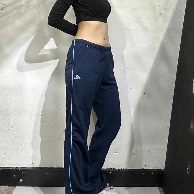 아디다스 네이비 스카이 블루 스몰 로고 사이드 라인 와이드 팬츠 M