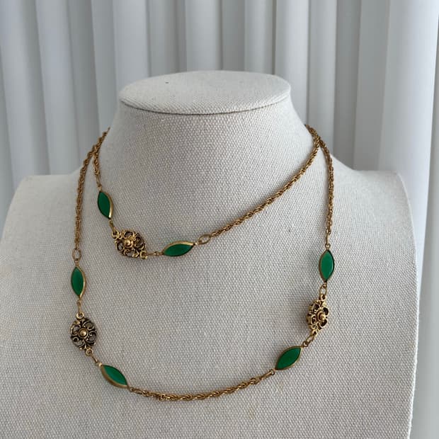 빈티지 그린 플라워 골드 롱 목걸이