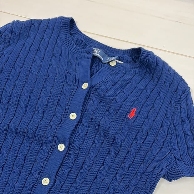 폴로 랄프 로렌 케이블 니트 스웨터 블루 반팔 가디건 코튼 