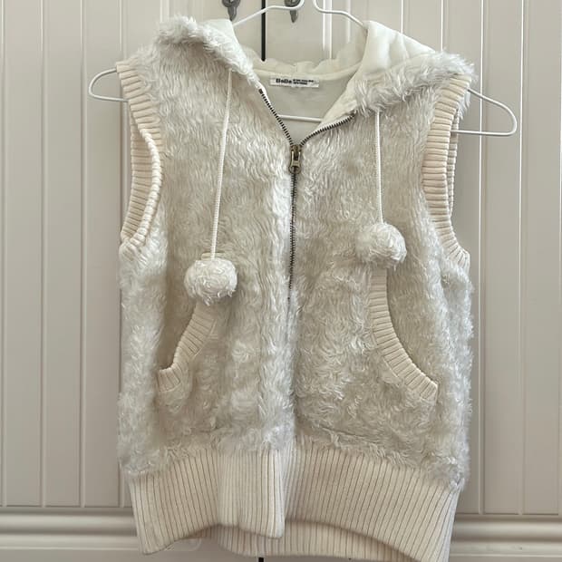 빈티지 아이보리 후드 털 조끼