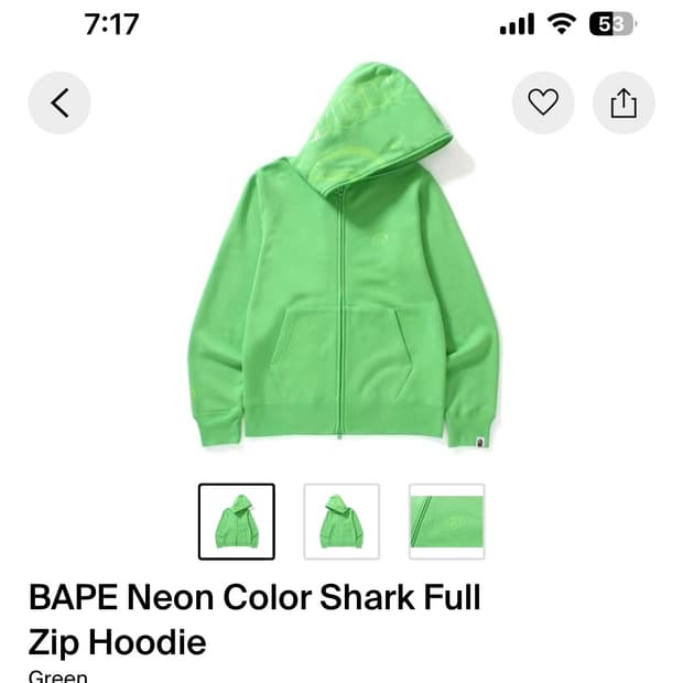 이건 ㄹㅇ 유일매물 베이프 네온 컬러 샤크 후드집업 m