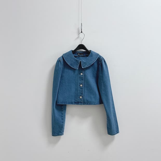 자라 라운드 넥카라 블루 코튼 데님 자켓