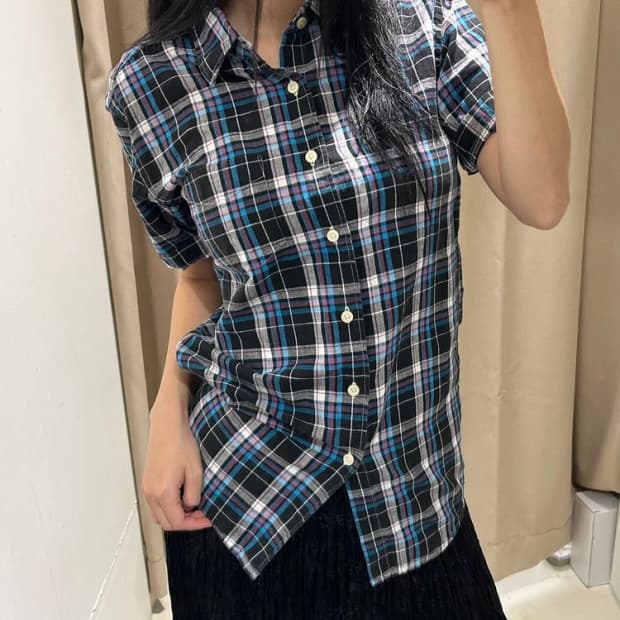 유니클로 UNIQLO 체크 패턴 린넨 블렌드 반팔 셔츠 R2862