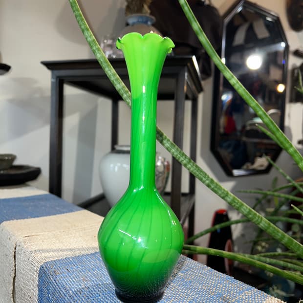 70s Czech Green Cased Art Glass Bud Vase