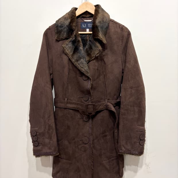 아르마니 진스 스웨이드 무스탕 벨티드 코트