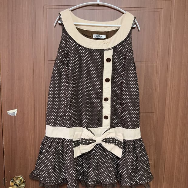 모리걸 라떼갸루 빈티지 브라운 도트 레이스 리본 민소매 원피스