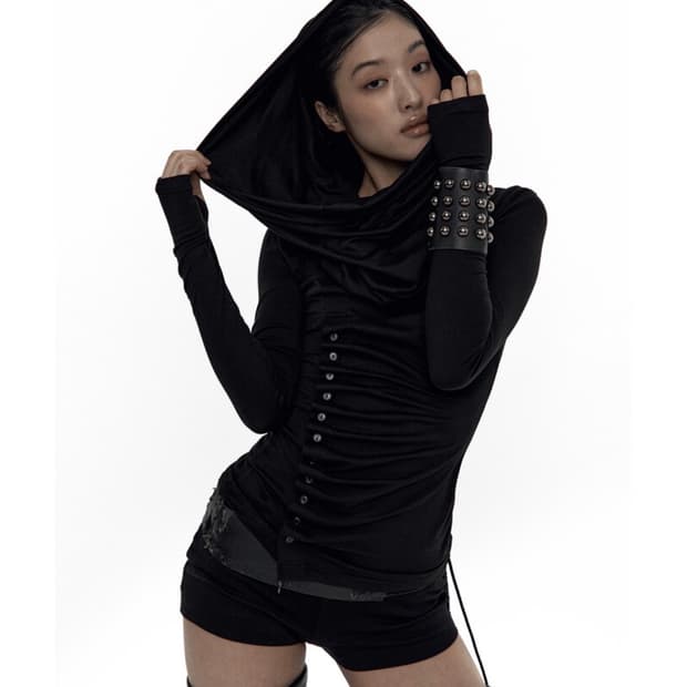 카시코 Cowl Button Long Sleeve Black