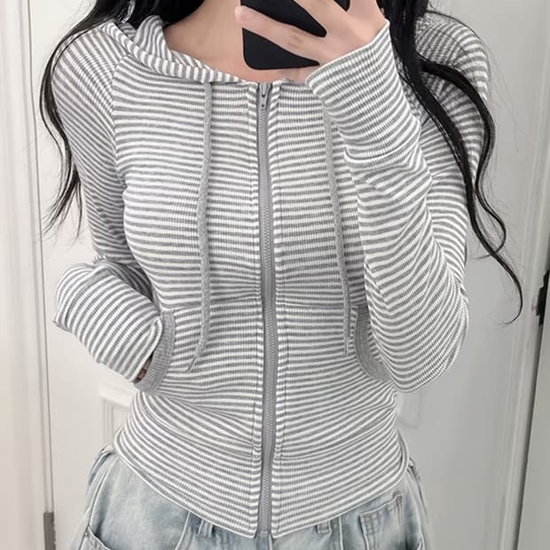 스트라이프 크롭후드집업
