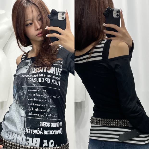 🎸블랙 프린팅 롱슬리브 - 스트라이프 슬리브리스🎸