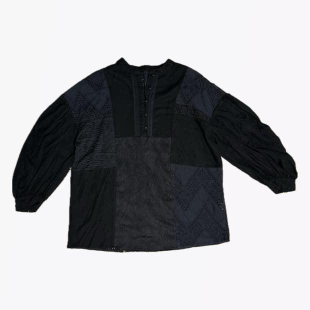 오버핏 아일렛 자수 패치워크 퍼프소매 블라우스 원피스