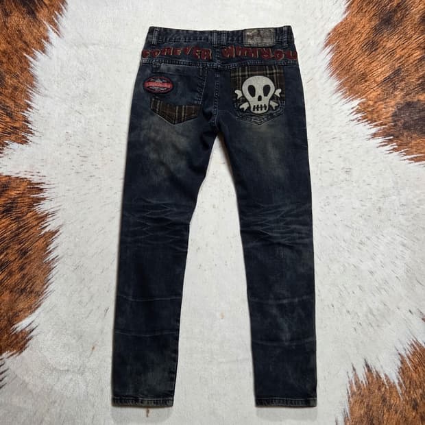 빈티지 펑크 스컬자수 데님팬츠