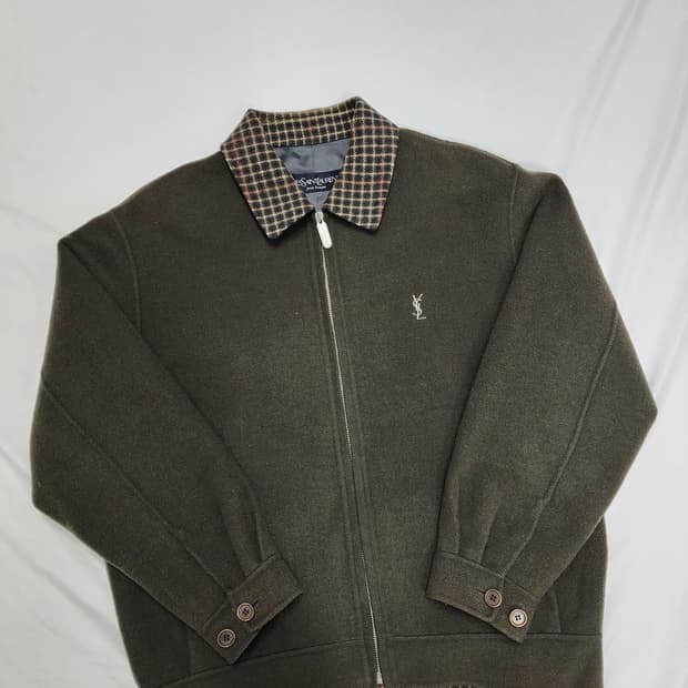 입생로랑 울 체크 카라 빈티지 카키 자켓