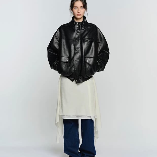 Faux leather high neck jumper