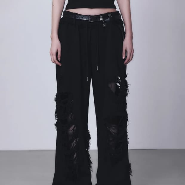트리밍버드 블랙 데미지 와이드 팬츠