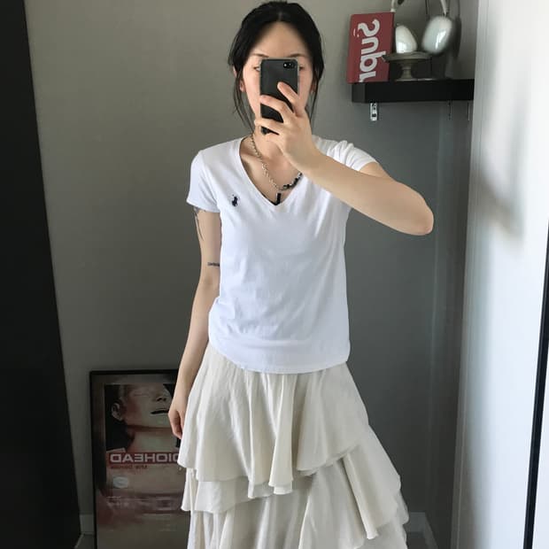 폴로 랄프로렌 포니 로고 화이트 브이넥 반팔